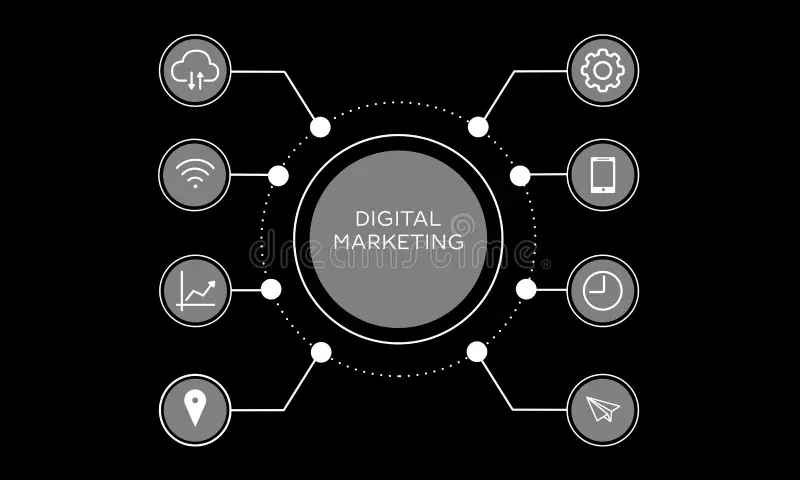 digital marketing directions scheme icons black background 177839178
